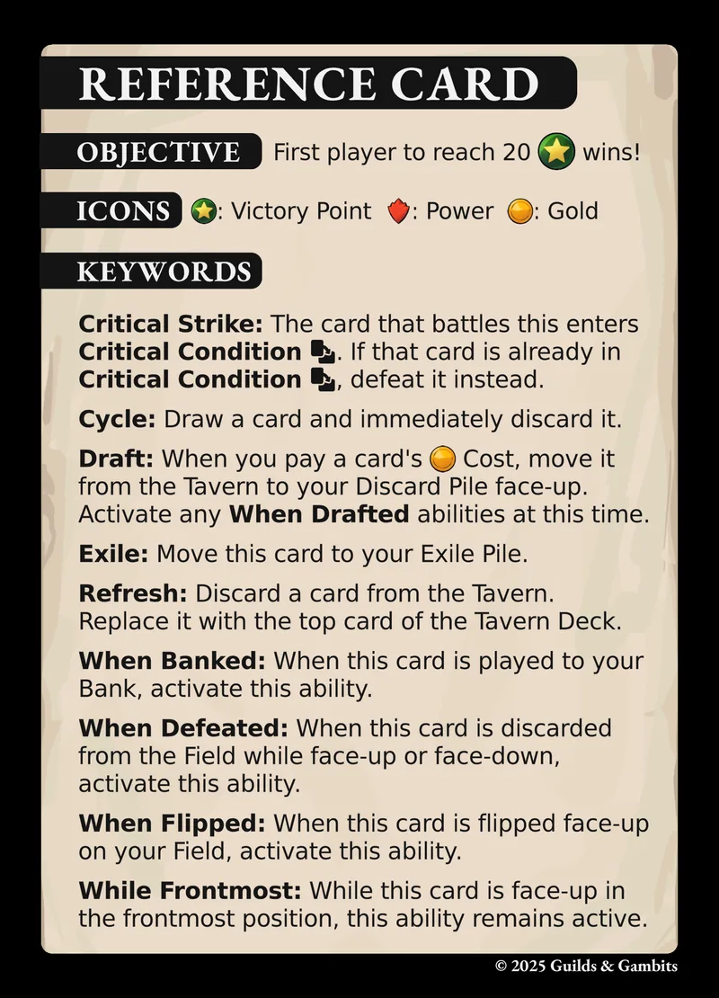 Reference card: icons and keywords